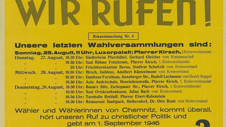 Wahlplakat der CDU zu den Kommunalwahlen 1946 in Chemnitz, Foto: KAS, Wikimedia Commons Verlinkung zu Wahlen 1946