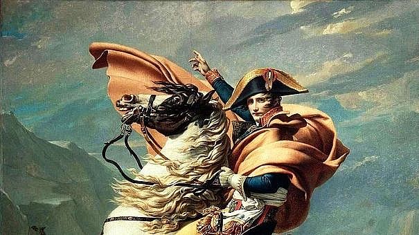 Bonaparte beim Überschreiten der Alpen am Großen Sankt Bernhard (Gemälde von Jacques-Louis David, 1800), Schloss Charlottenburg, gemeinfrei Verlinkung zu 1789 bis 1871