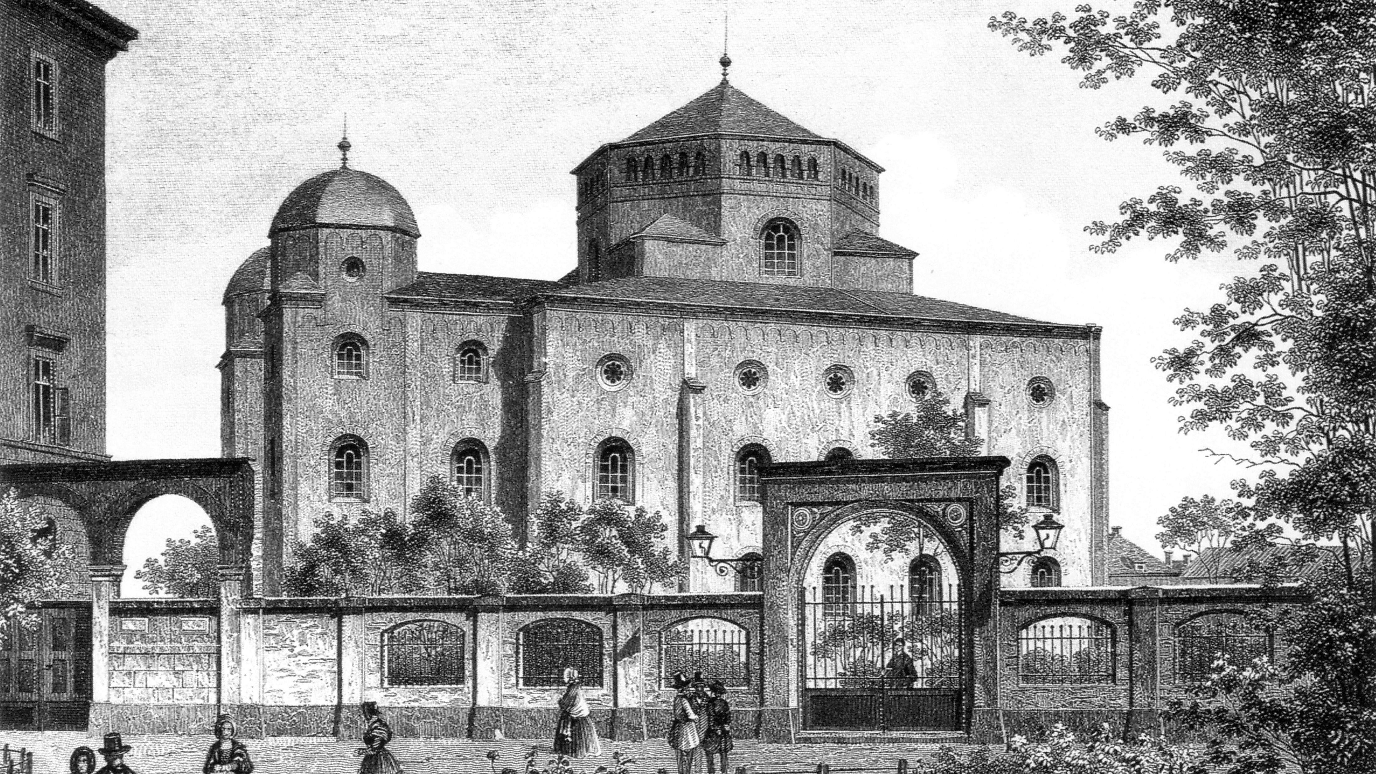 Alte Synagoge Dresden von Gottfried Semper, in der Progromnacht vom 9. auf den 10. November 1938 von Angehörigen der SA und weiteren Angehörigen der NSDAP geplündert und niedergebrannt, Lithographie von Ludwig Thümling, ca. 1860, gemeinfrei Verlinkung zu Stationen der Judenverfolgung
