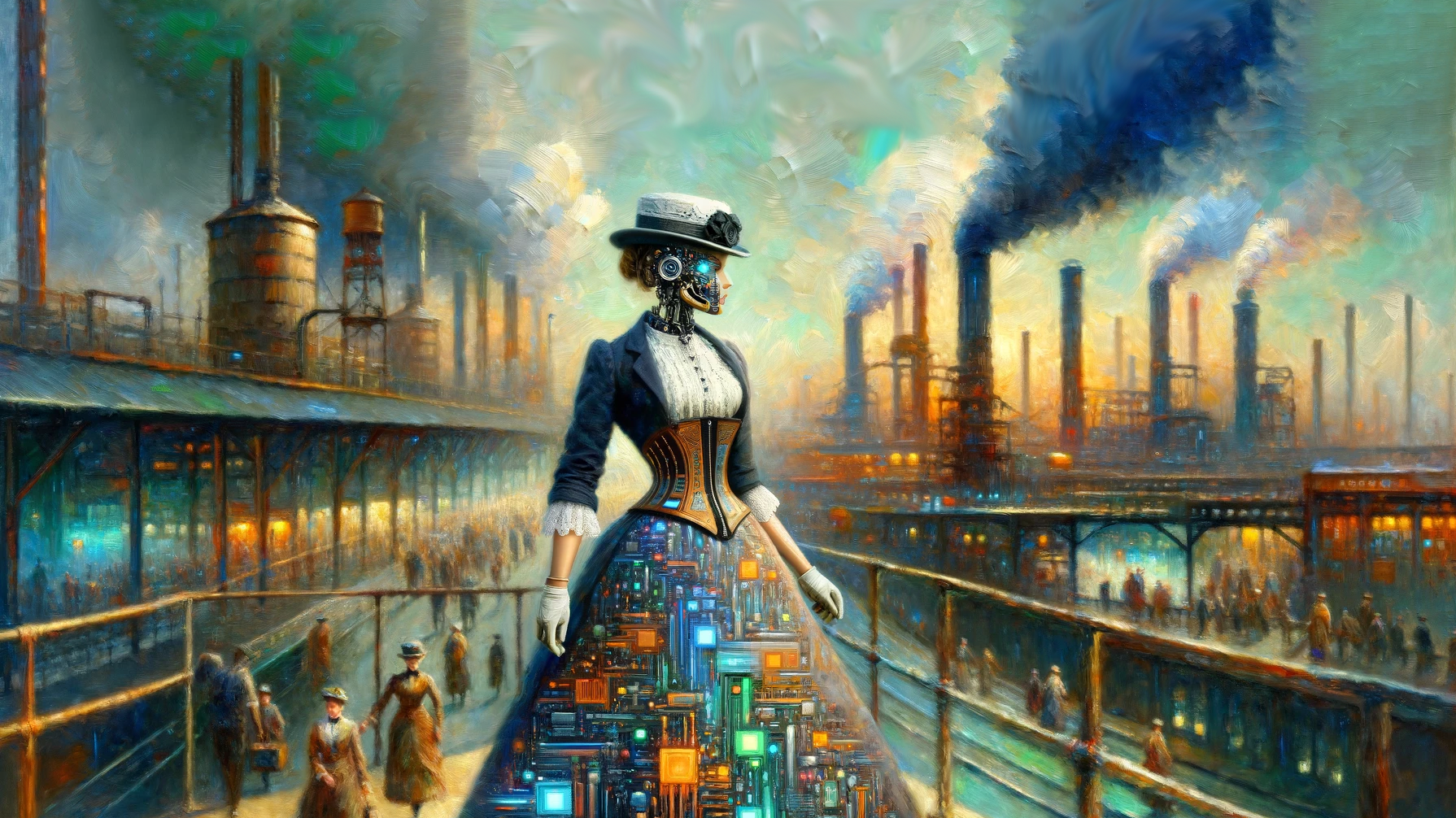 DALL-E: An impressionistic painting that marries the early 20th-century industrial milieu with a state-of-the-art 2023 android, dressed in the fashion of a Victorian working-class woman. Verlinkung zu Künstliche Intelligenz und Automatisierung