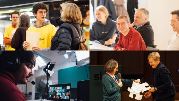 Team Collage Fotos einiger Personen aus dem Team der SLpB. Bei Klick auf das Bild gelangt man auf eine Übersichtsseite aktueller Stellenangebote.