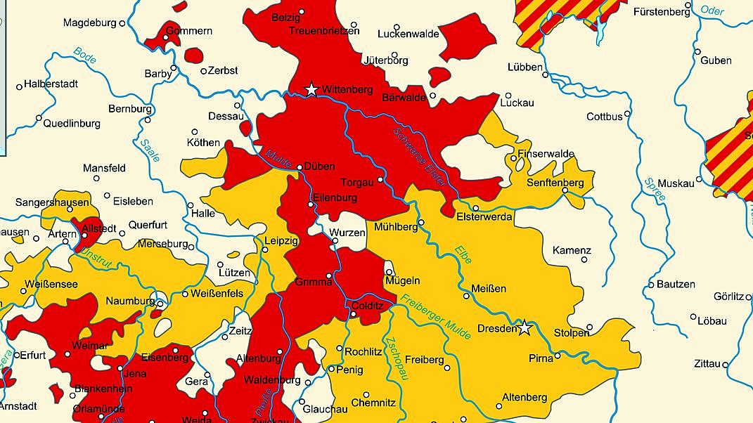 Karte der wettinischen Ländereien nach der Leipziger Teilung 1485. Diese Datei wurde abgeleitet von: Saxony (Division of Leipzig) - NL.png, Wikipedia Verlinkung zu 1485 bis 1694