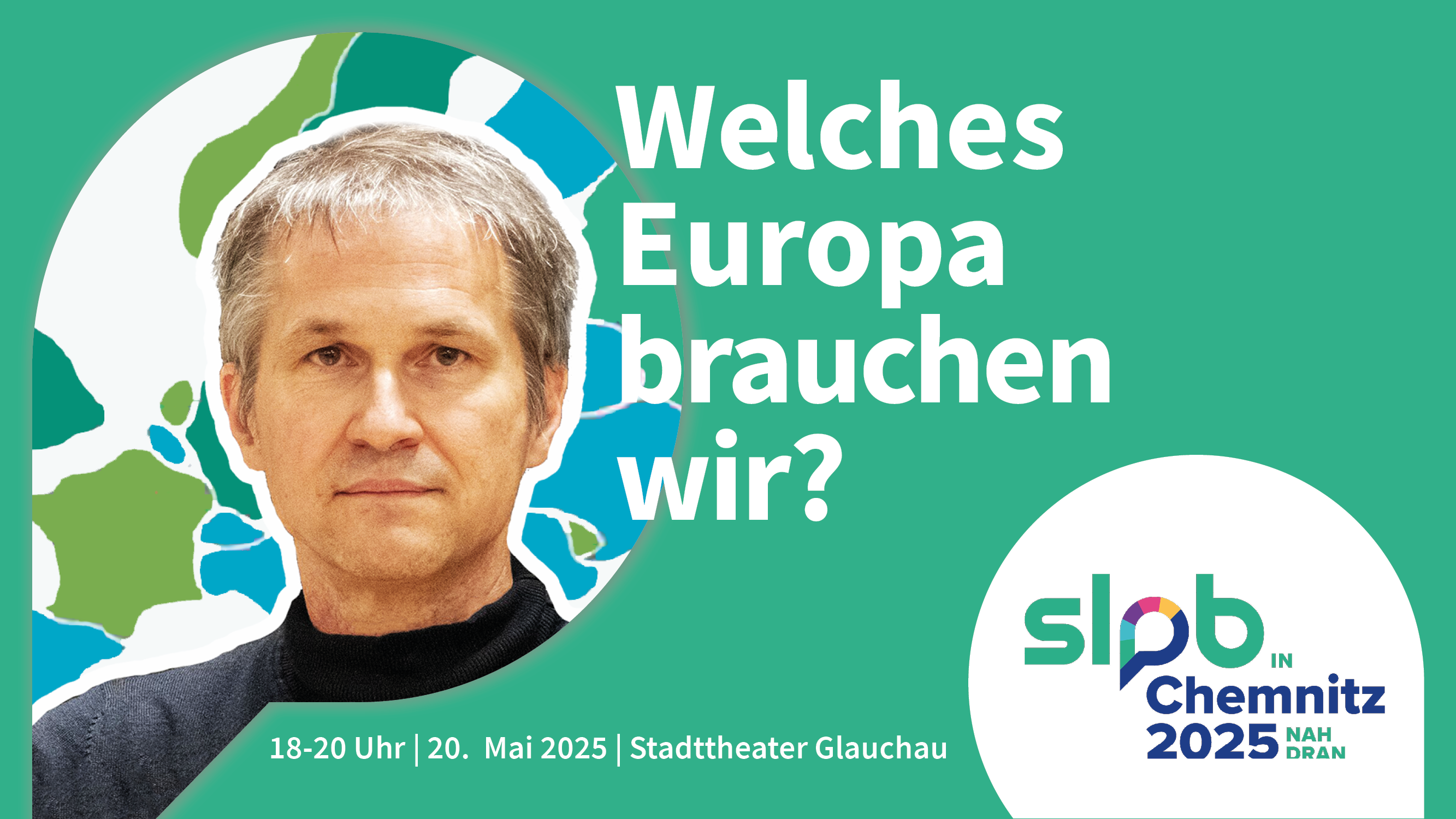 Bild von Knaus vor einer Europakarte, dazu der Veranstaltungstitel und die VA-Daten