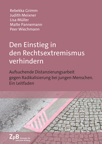 Buchtitel von "Den Einstieg in den Rechtsextremismus verhindern. Aufsuchende Distanzierungsarbeit gegen Radikalisierung bei jungen Menschen. Ein Leitfaden". Extern verlinkt mit der Bestellseite in unserem Shop. 